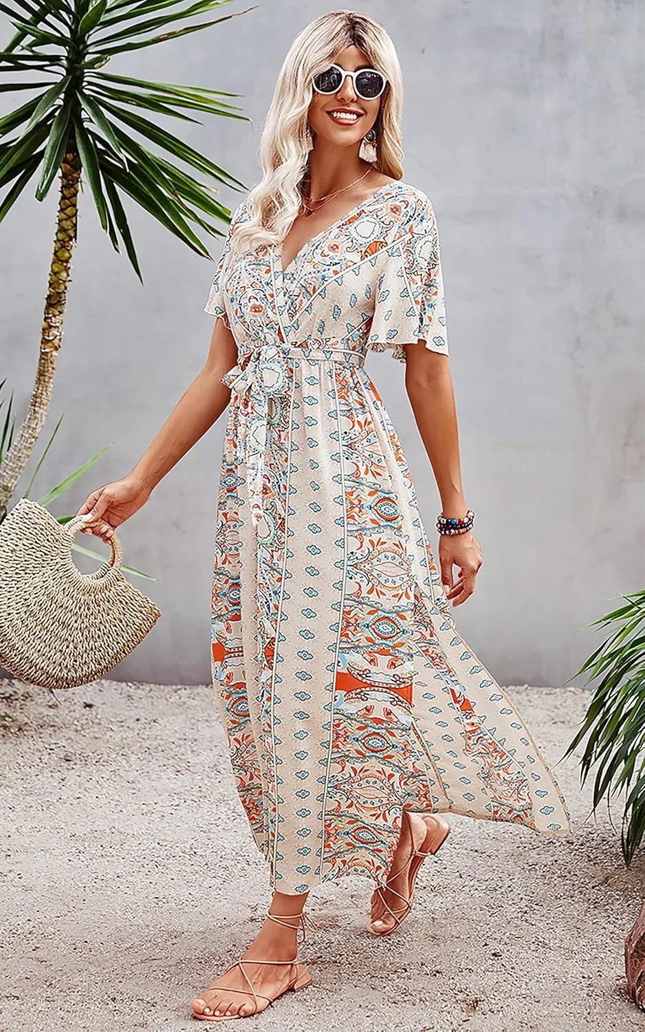 CCTOO Women's Summer Maxi Dress Casual Boho Floral Wrap V Neck Short Sleeve Ruffle Split Flowy Long Beach Dresses with Belt