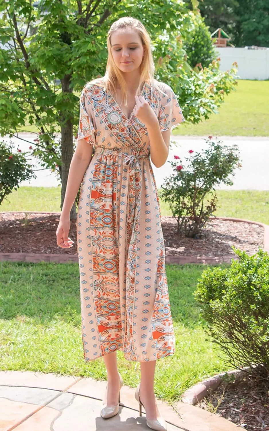 CCTOO Women's Summer Maxi Dress Casual Boho Floral Wrap V Neck Short Sleeve Ruffle Split Flowy Long Beach Dresses with Belt