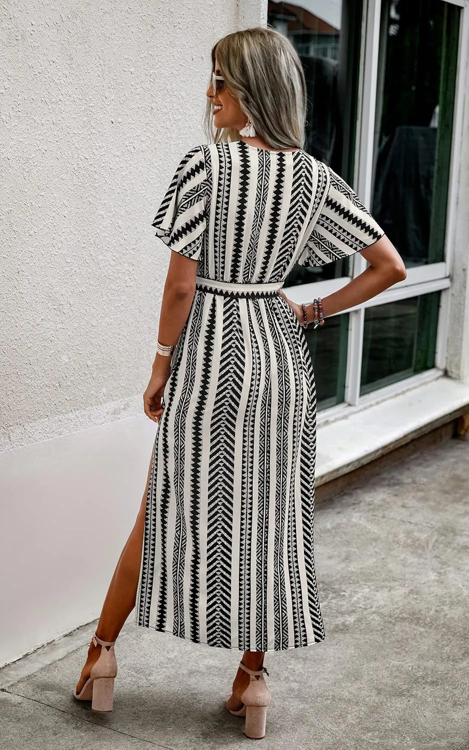 CCTOO Women's Summer Maxi Dress Casual Boho Floral Wrap V Neck Short Sleeve Ruffle Split Flowy Long Beach Dresses with Belt