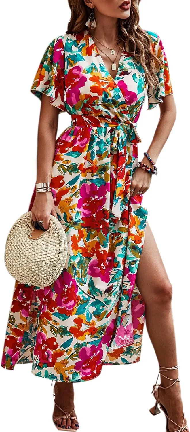 CCTOO Women's Summer Maxi Dress Casual Boho Floral Wrap V Neck Short Sleeve Ruffle Split Flowy Long Beach Dresses with Belt