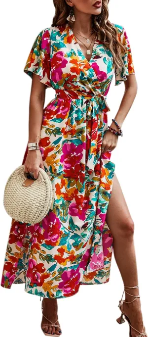 CCTOO Women's Summer Maxi Dress Casual Boho Floral Wrap V Neck Short Sleeve Ruffle Split Flowy Long Beach Dresses with Belt