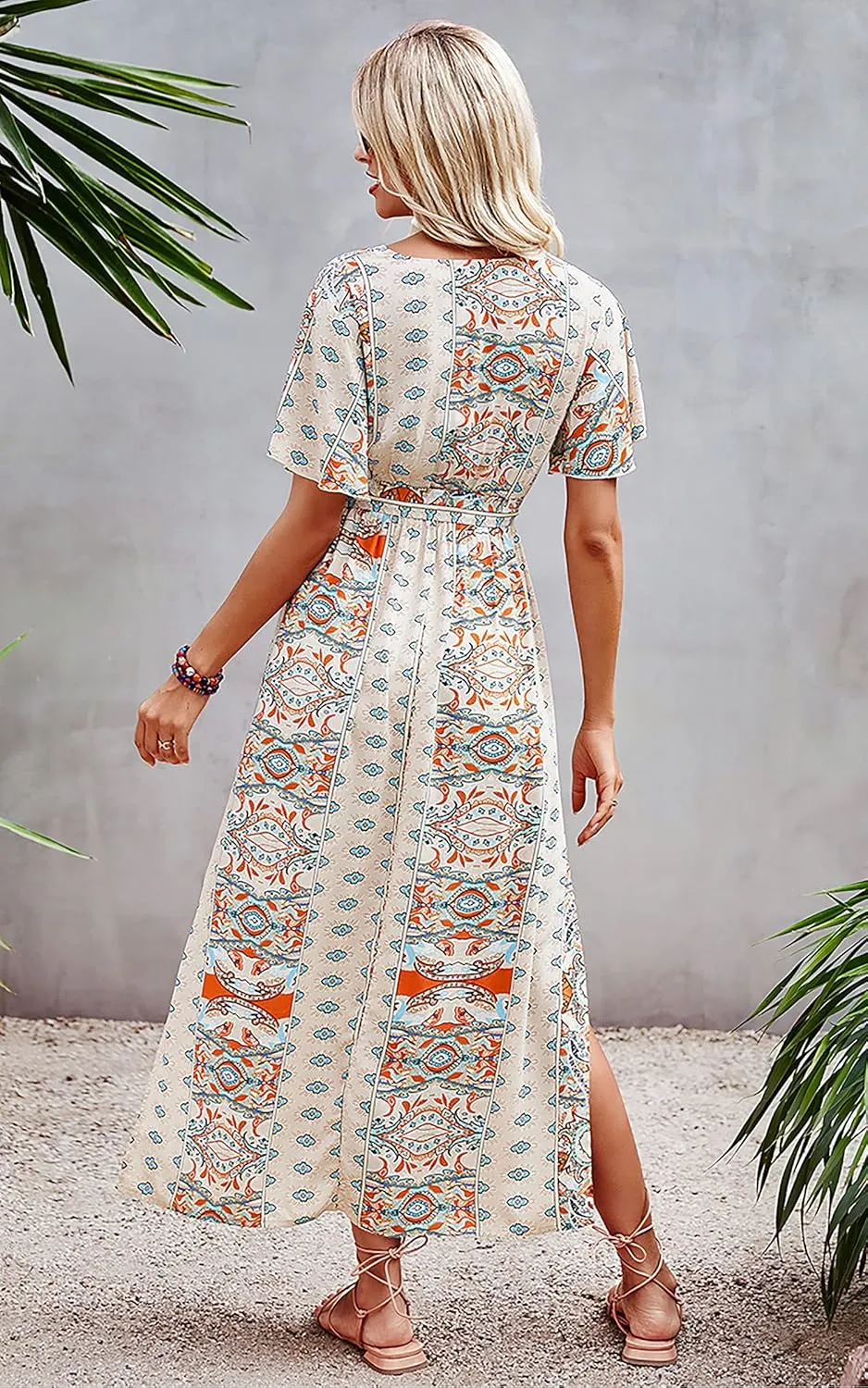 CCTOO Women's Summer Maxi Dress Casual Boho Floral Wrap V Neck Short Sleeve Ruffle Split Flowy Long Beach Dresses with Belt