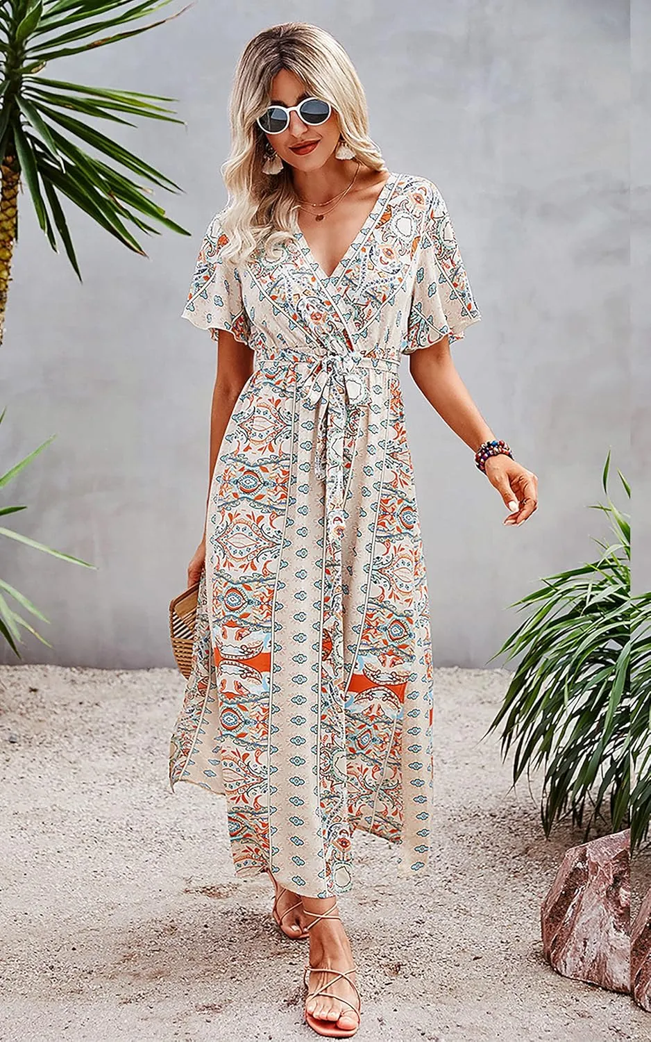 CCTOO Women's Summer Maxi Dress Casual Boho Floral Wrap V Neck Short Sleeve Ruffle Split Flowy Long Beach Dresses with Belt