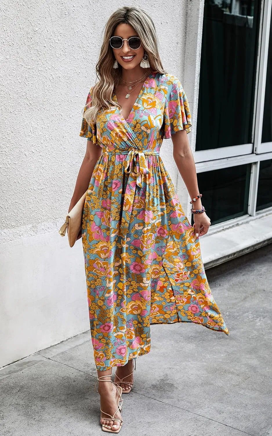 CCTOO Women's Summer Maxi Dress Casual Boho Floral Wrap V Neck Short Sleeve Ruffle Split Flowy Long Beach Dresses with Belt