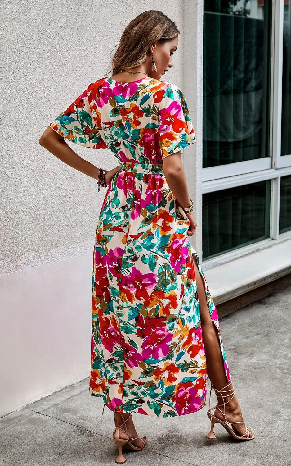 CCTOO Women's Summer Maxi Dress Casual Boho Floral Wrap V Neck Short Sleeve Ruffle Split Flowy Long Beach Dresses with Belt