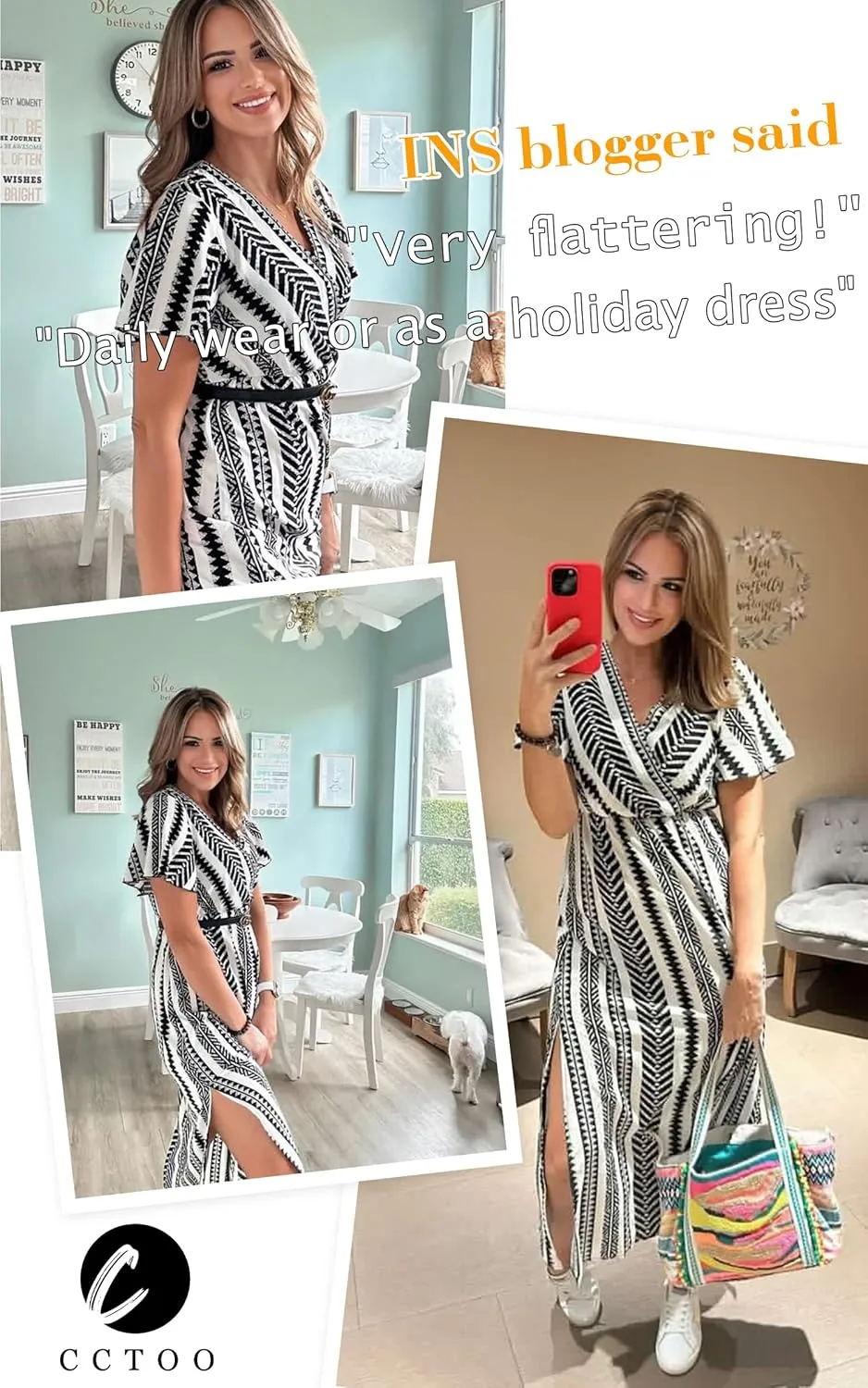 CCTOO Women's Summer Maxi Dress Casual Boho Floral Wrap V Neck Short Sleeve Ruffle Split Flowy Long Beach Dresses with Belt