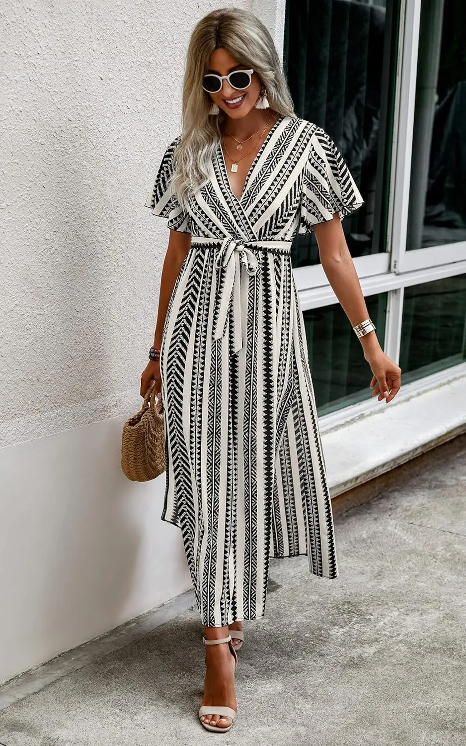 CCTOO Women's Summer Maxi Dress Casual Boho Floral Wrap V Neck Short Sleeve Ruffle Split Flowy Long Beach Dresses with Belt