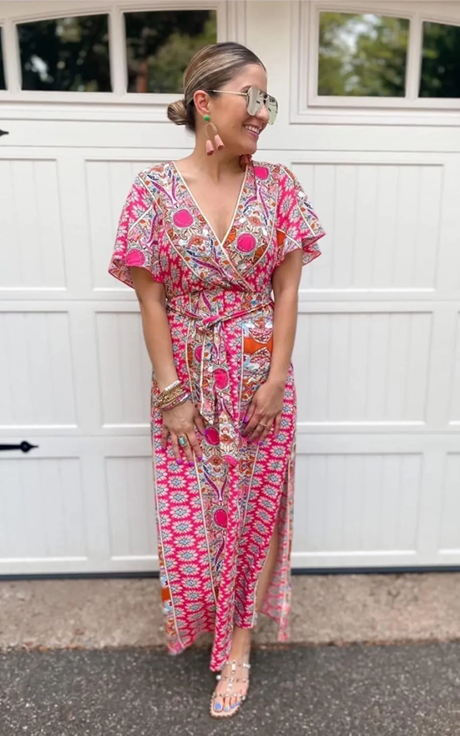 CCTOO Women's Summer Maxi Dress Casual Boho Floral Wrap V Neck Short Sleeve Ruffle Split Flowy Long Beach Dresses with Belt