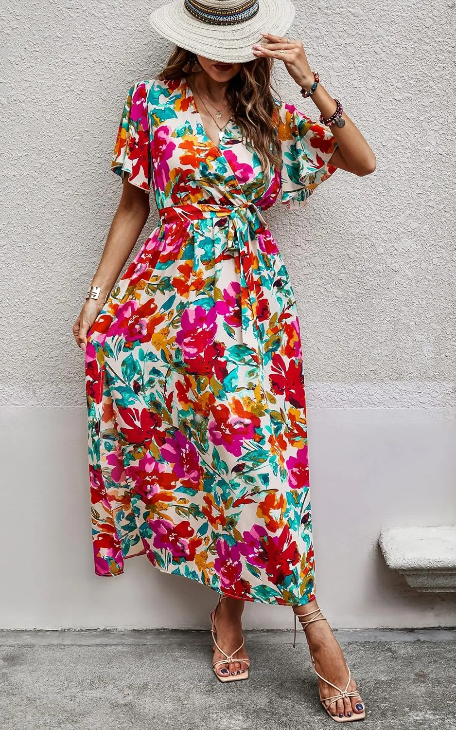 CCTOO Women's Summer Maxi Dress Casual Boho Floral Wrap V Neck Short Sleeve Ruffle Split Flowy Long Beach Dresses with Belt
