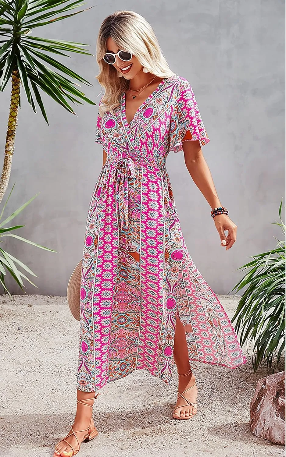 CCTOO Women's Summer Maxi Dress Casual Boho Floral Wrap V Neck Short Sleeve Ruffle Split Flowy Long Beach Dresses with Belt