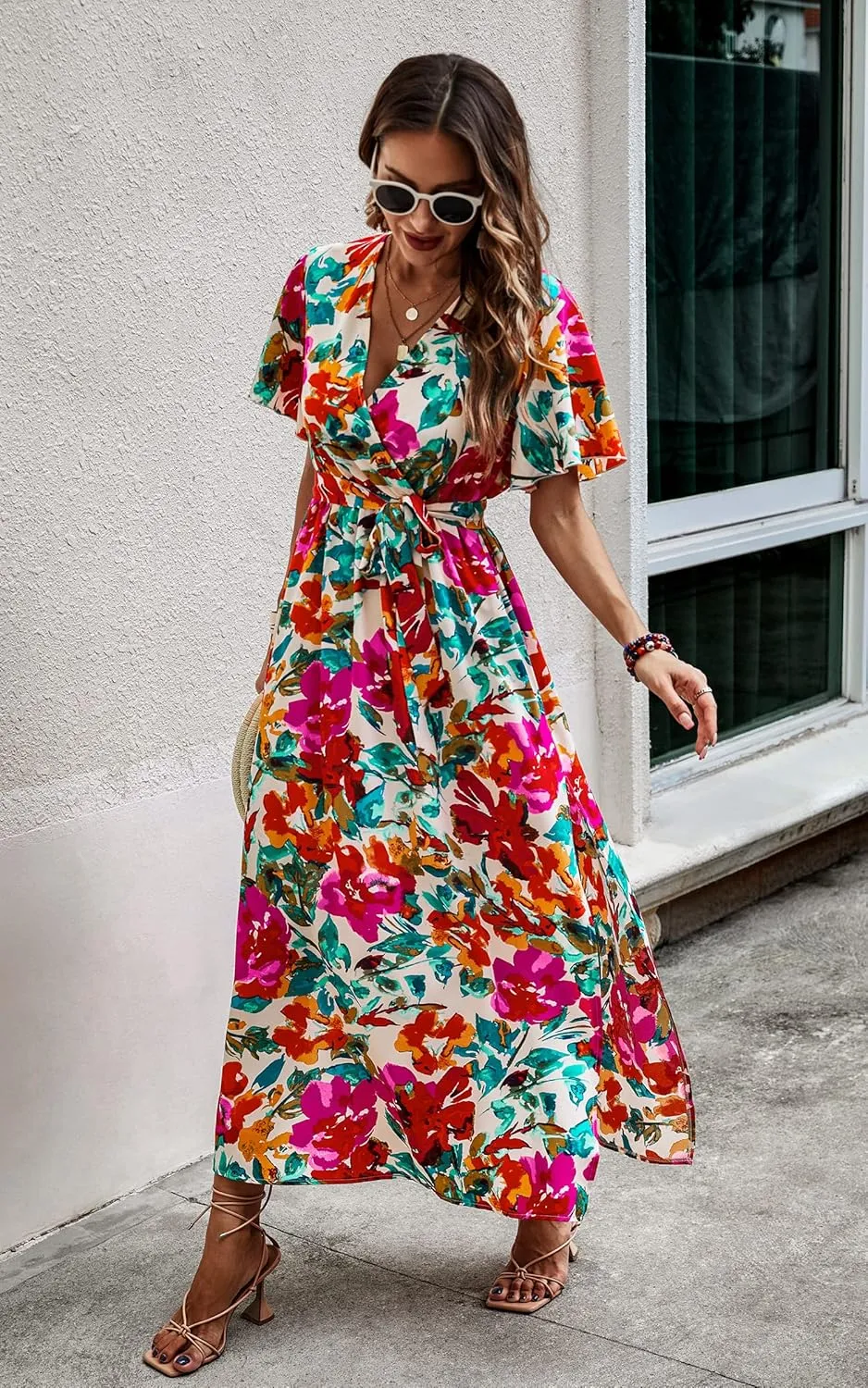 CCTOO Women's Summer Maxi Dress Casual Boho Floral Wrap V Neck Short Sleeve Ruffle Split Flowy Long Beach Dresses with Belt