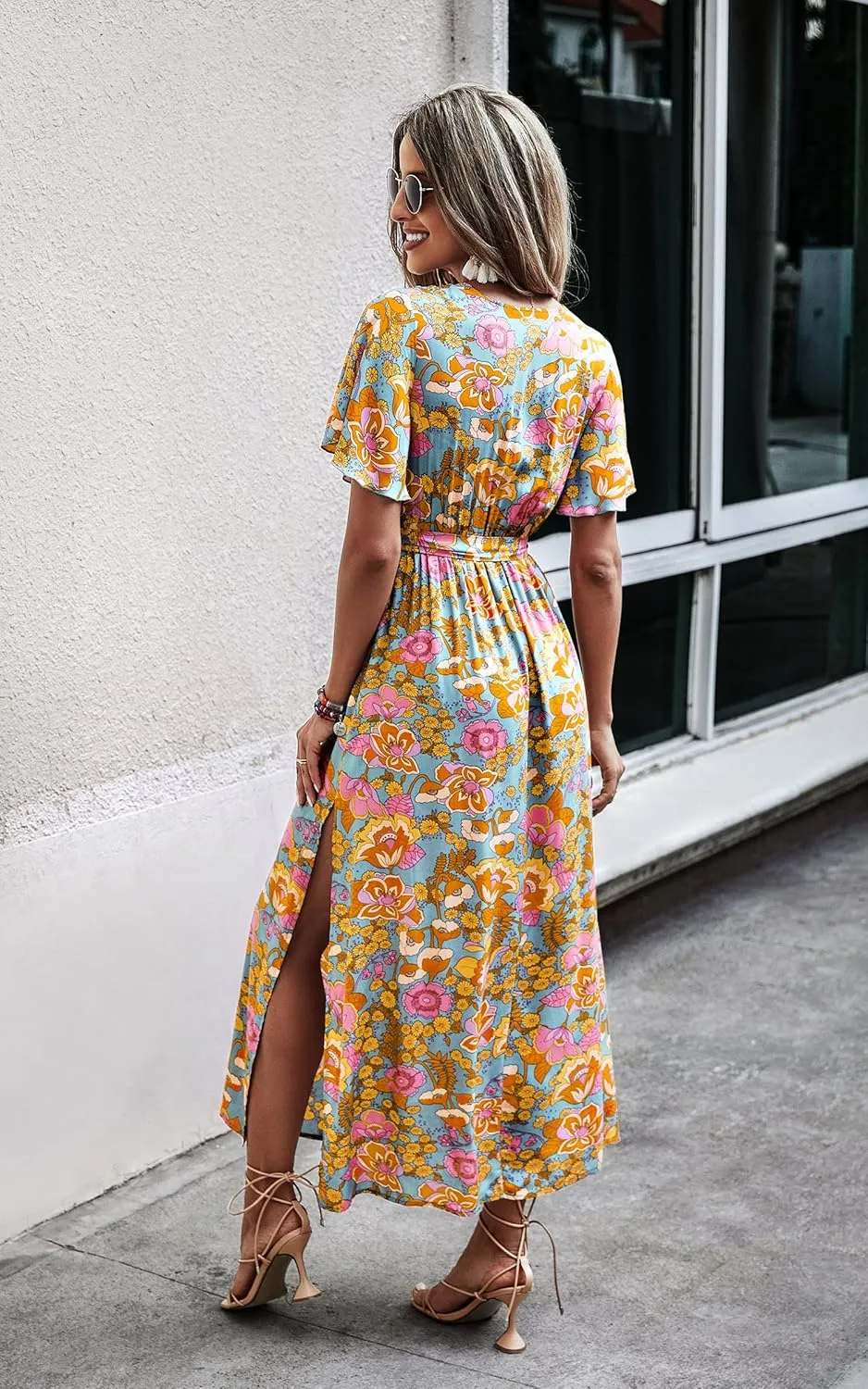 CCTOO Women's Summer Maxi Dress Casual Boho Floral Wrap V Neck Short Sleeve Ruffle Split Flowy Long Beach Dresses with Belt
