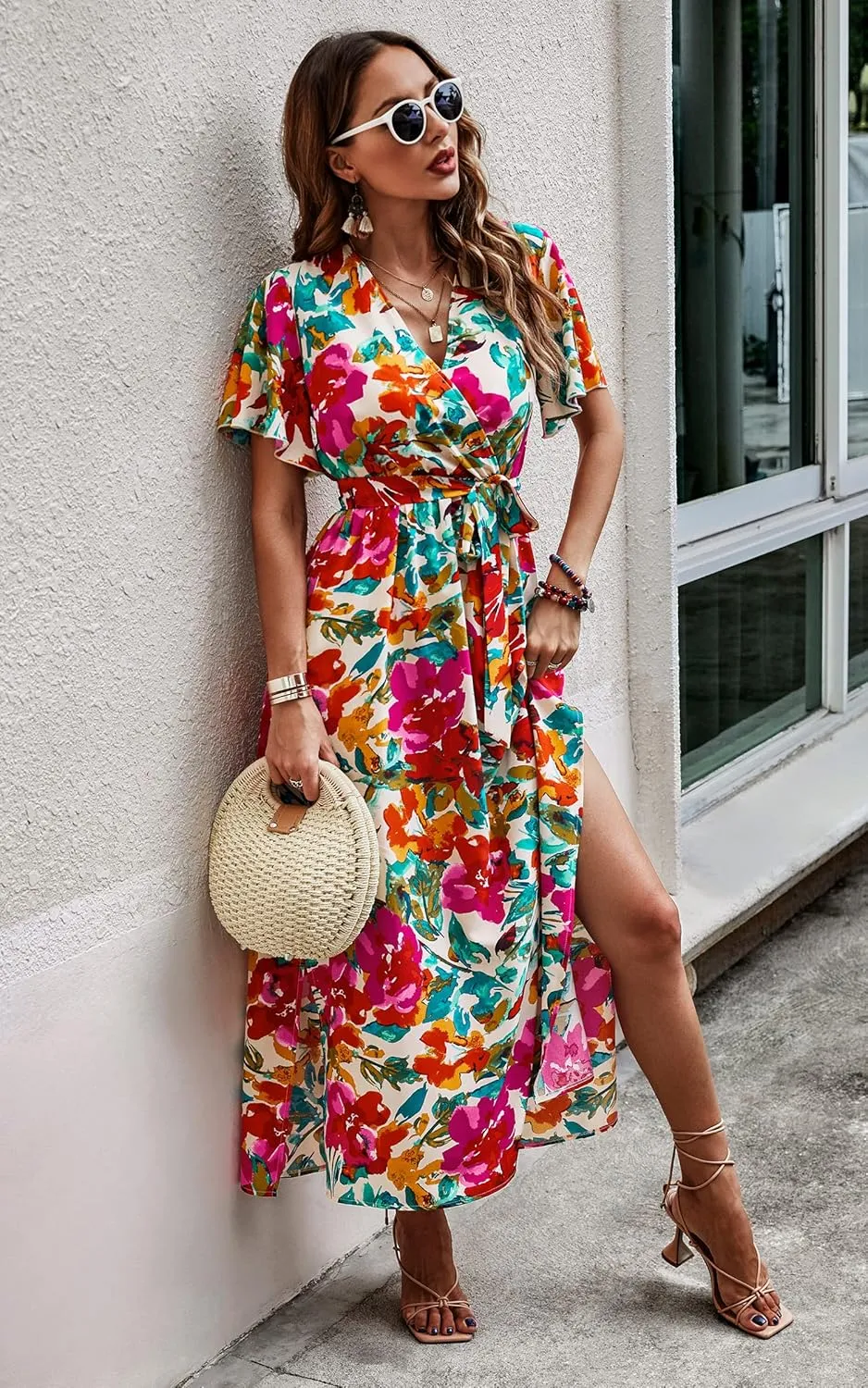 CCTOO Women's Summer Maxi Dress Casual Boho Floral Wrap V Neck Short Sleeve Ruffle Split Flowy Long Beach Dresses with Belt