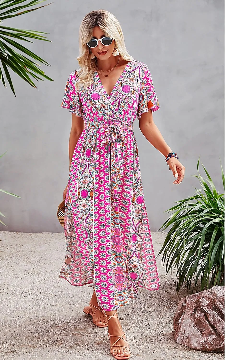 CCTOO Women's Summer Maxi Dress Casual Boho Floral Wrap V Neck Short Sleeve Ruffle Split Flowy Long Beach Dresses with Belt
