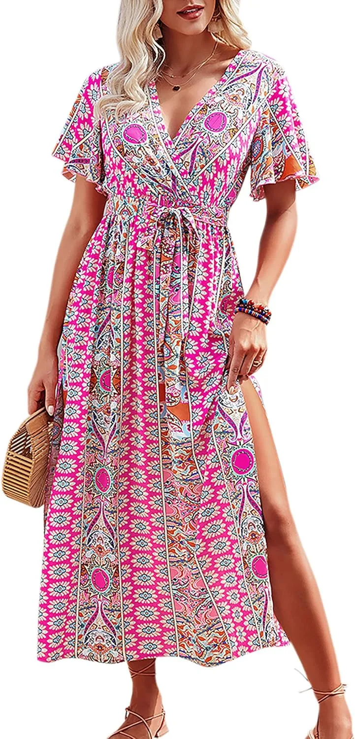 CCTOO Women's Summer Maxi Dress Casual Boho Floral Wrap V Neck Short Sleeve Ruffle Split Flowy Long Beach Dresses with Belt