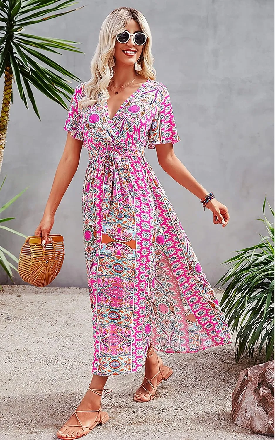 CCTOO Women's Summer Maxi Dress Casual Boho Floral Wrap V Neck Short Sleeve Ruffle Split Flowy Long Beach Dresses with Belt
