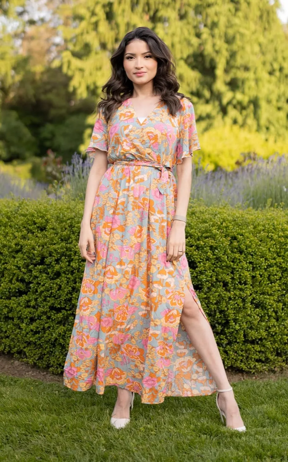 CCTOO Women's Summer Maxi Dress Casual Boho Floral Wrap V Neck Short Sleeve Ruffle Split Flowy Long Beach Dresses with Belt
