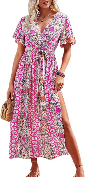 CCTOO Women's Summer Maxi Dress Casual Boho Floral Wrap V Neck Short Sleeve Ruffle Split Flowy Long Beach Dresses with Belt