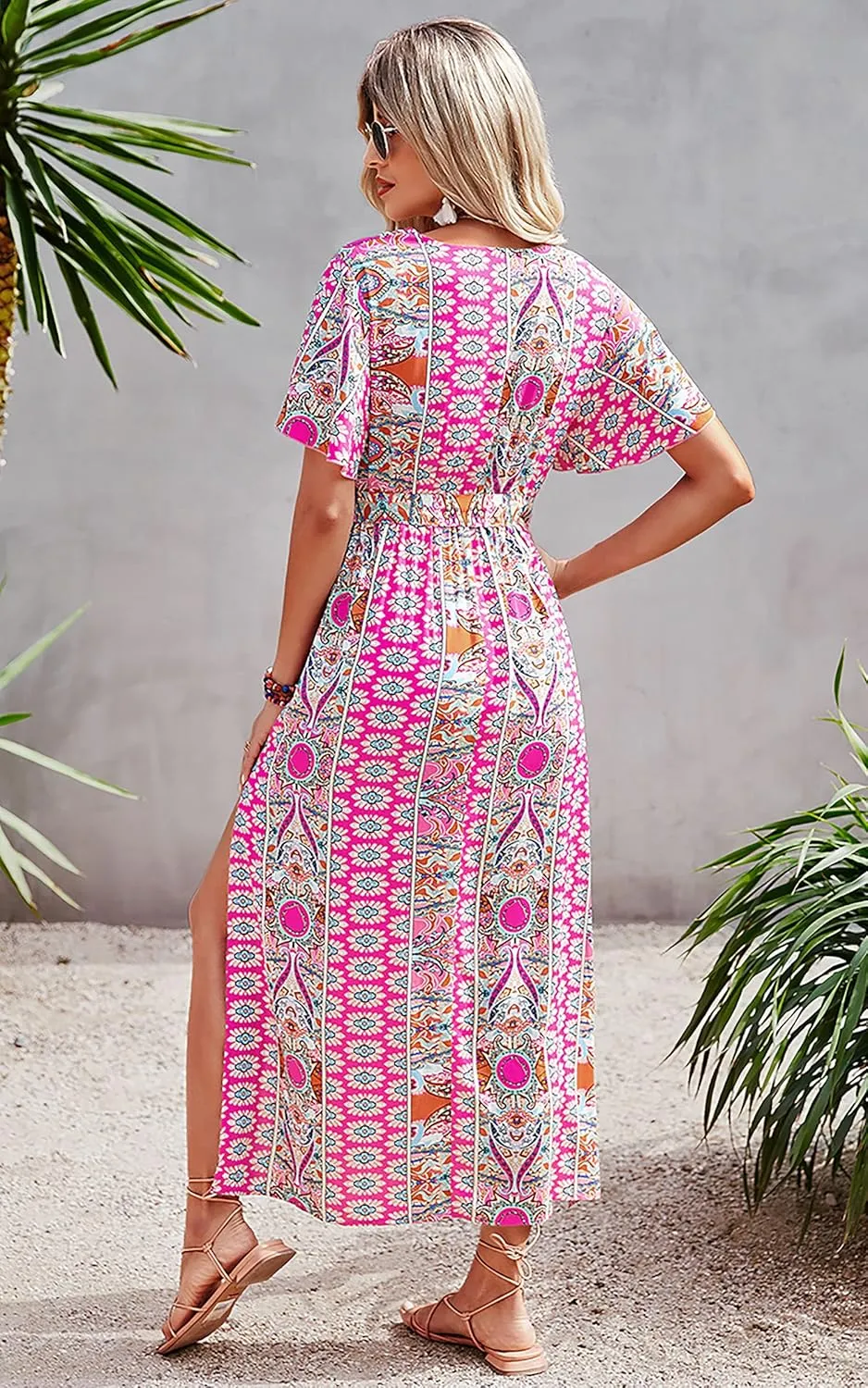 CCTOO Women's Summer Maxi Dress Casual Boho Floral Wrap V Neck Short Sleeve Ruffle Split Flowy Long Beach Dresses with Belt