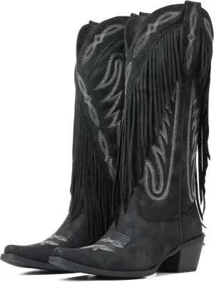 Celbreez Fringe Cowgirl Boots with Classic Embroidery Cowboy Boots for Women Wide Calf Pointed Toe Chunky Heel Pull on Knee High Western Boots