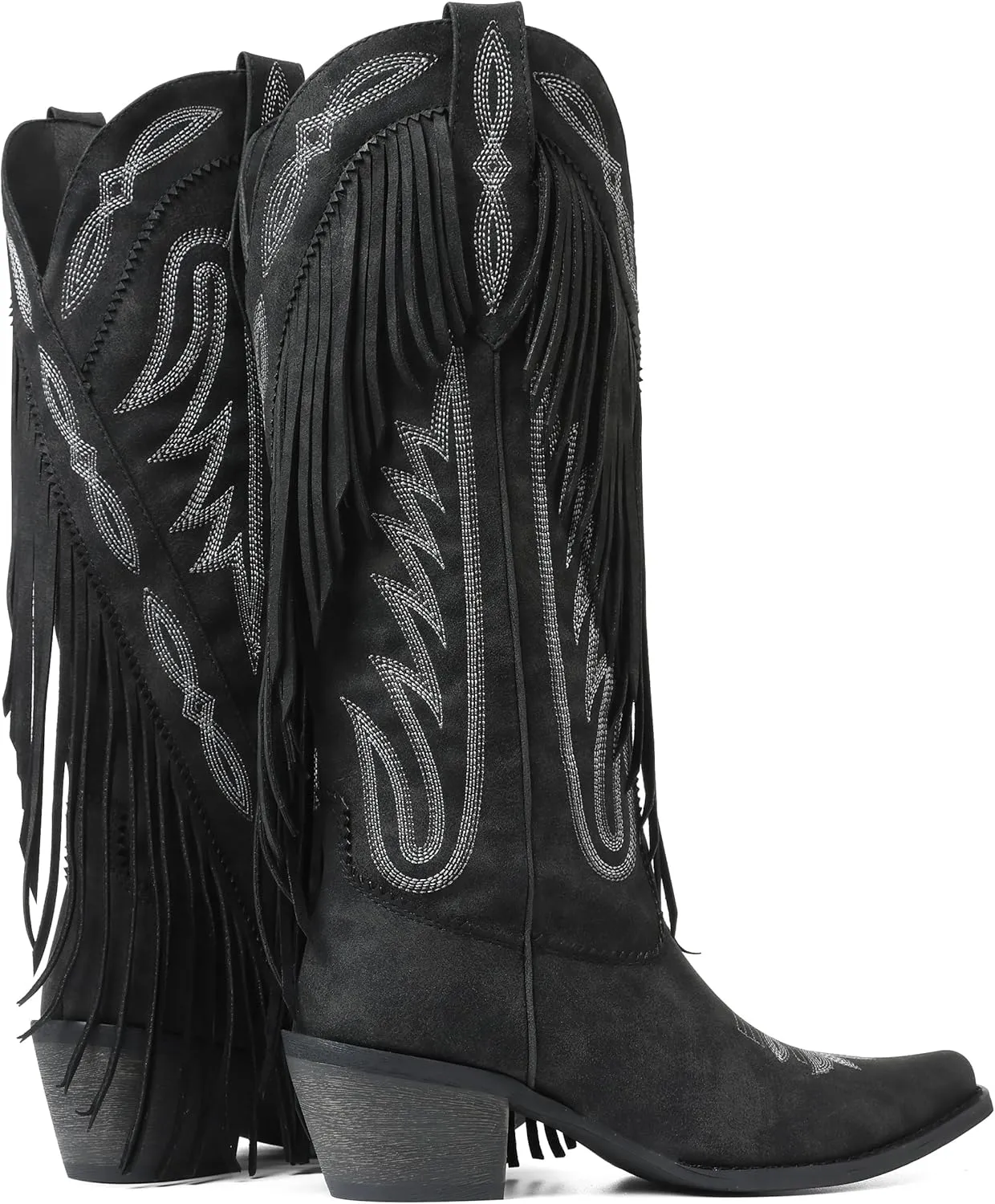 Celbreez Fringe Cowgirl Boots with Classic Embroidery Cowboy Boots for Women Wide Calf Pointed Toe Chunky Heel Pull on Knee High Western Boots