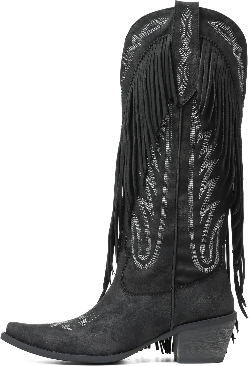 Celbreez Fringe Cowgirl Boots with Classic Embroidery Cowboy Boots for Women Wide Calf Pointed Toe Chunky Heel Pull on Knee High Western Boots