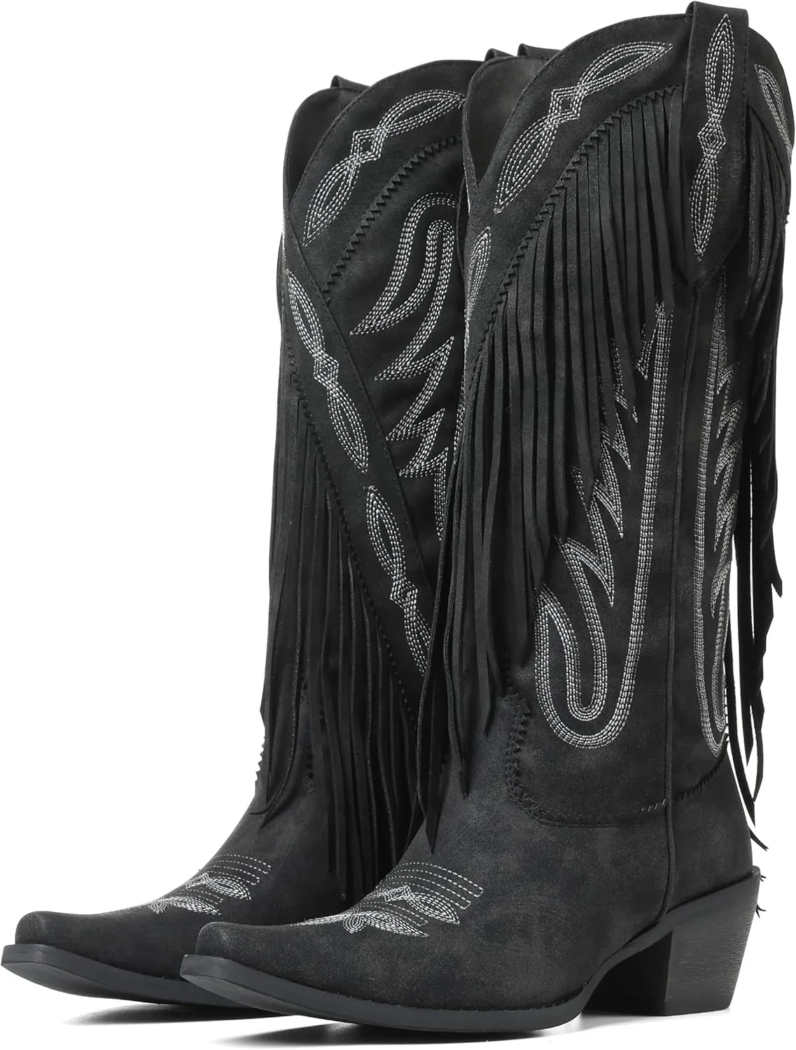 Celbreez Fringe Cowgirl Boots with Classic Embroidery Cowboy Boots for Women Wide Calf Pointed Toe Chunky Heel Pull on Knee High Western Boots