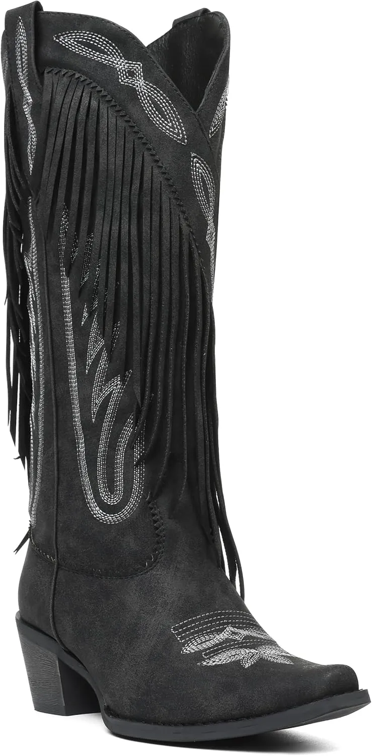 Celbreez Fringe Cowgirl Boots with Classic Embroidery Cowboy Boots for Women Wide Calf Pointed Toe Chunky Heel Pull on Knee High Western Boots