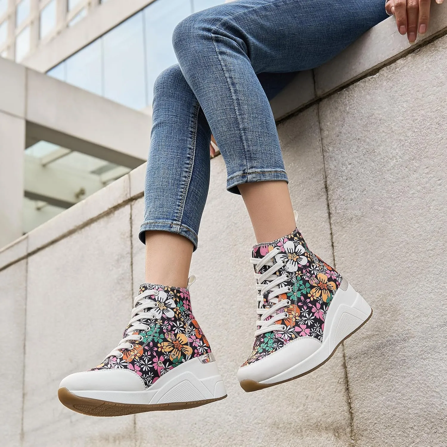 Cestfini Graffiti High Top Sneakers for Women Breathable White Black Platform Sneakers Lace up Womens Canvas Shoes