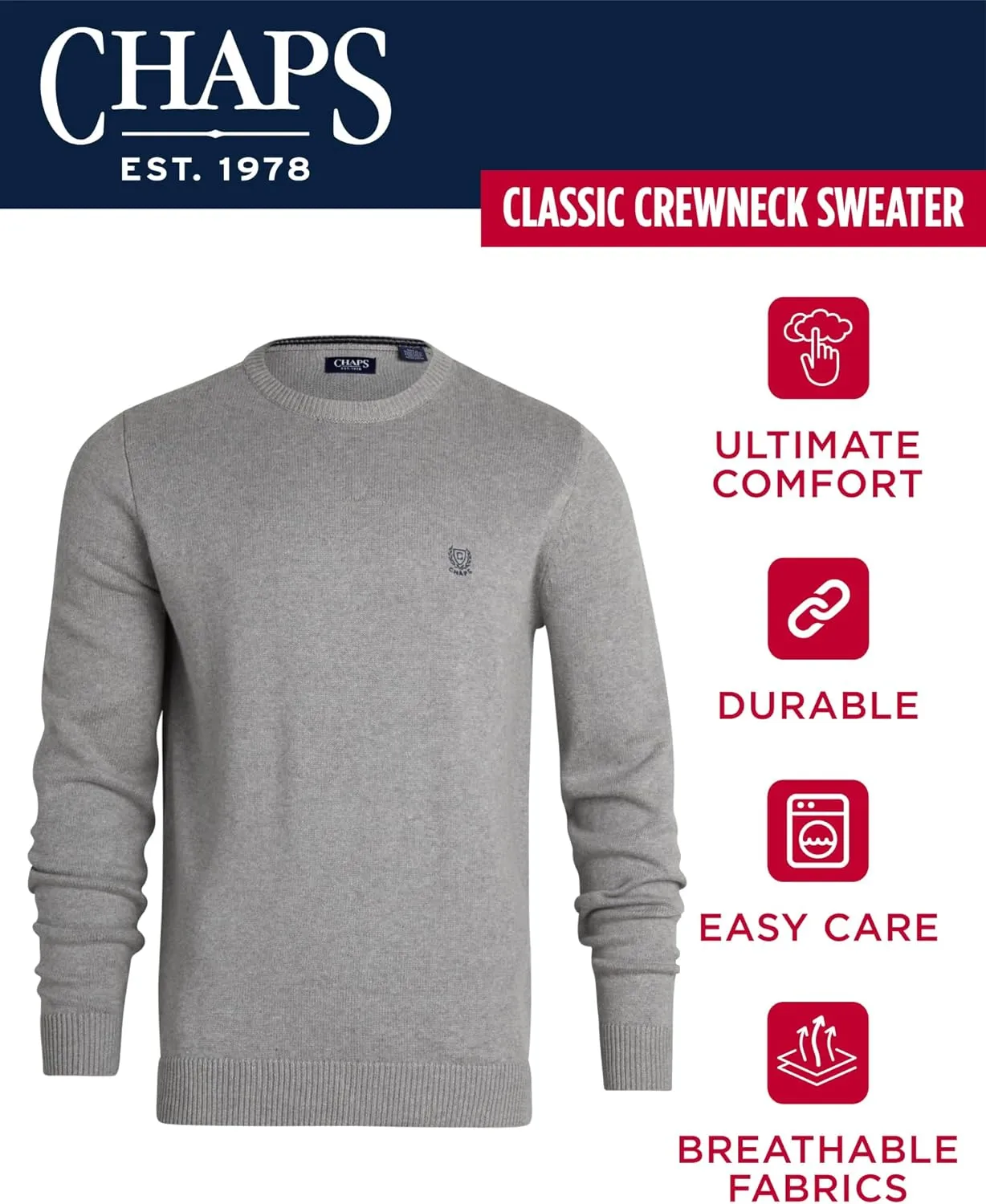Chaps Men's Sweater - Heavyweight Classic Fit Knitted Cotton Crewneck Pullover Sweater for Men (Sizes: S-2XL)