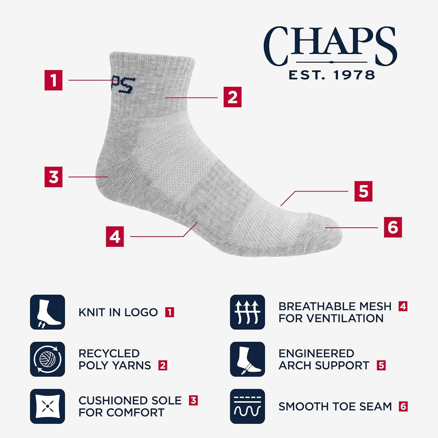 Chaps Sport Cushioned Repreve Athletic Socks-6 Pair Pack-Breathable Front Mesh and Arch Support, Men's Shoe Size: 6-12