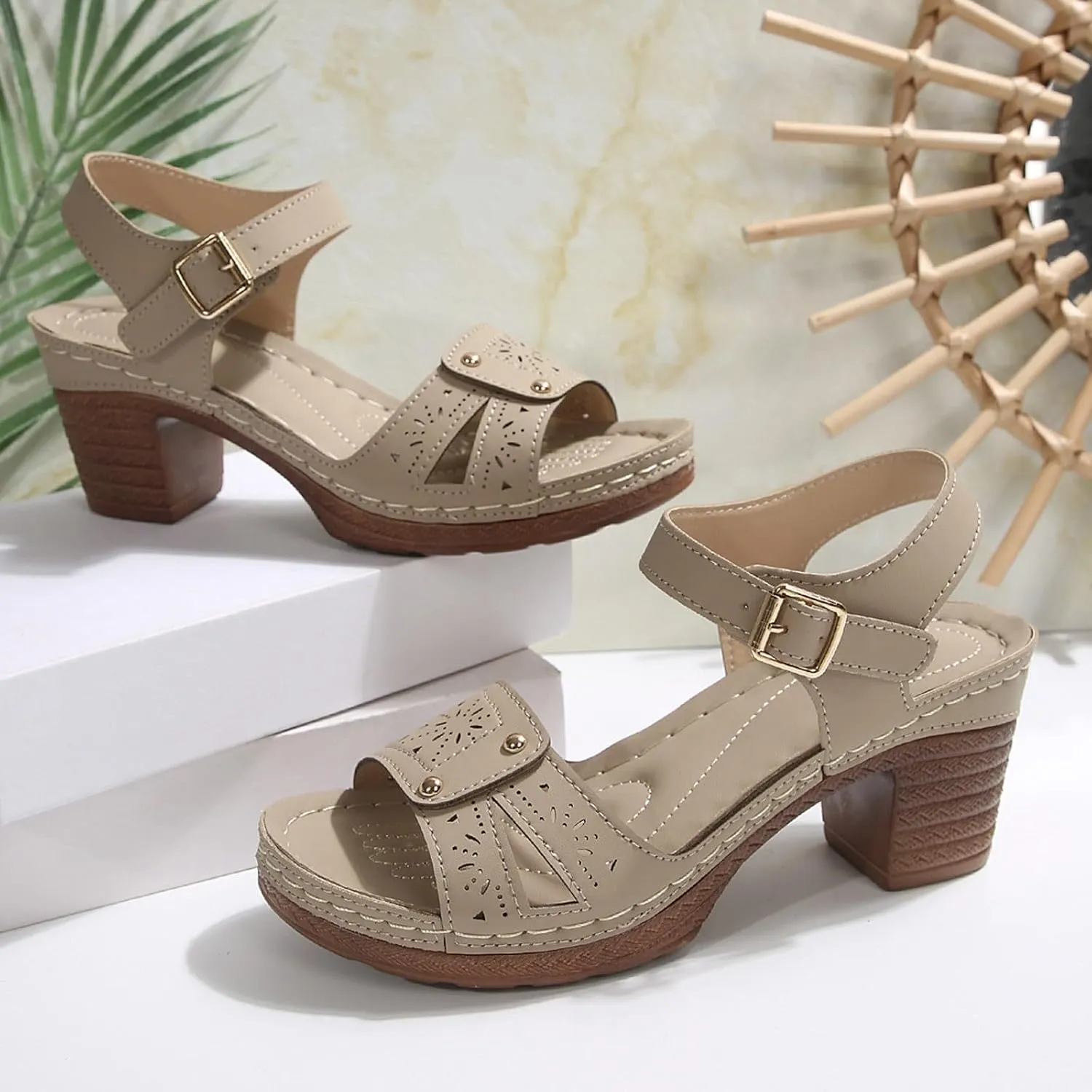 Chunky Sandals for Women Dressy Low Wedge Heels Sandal Comfortable Platform Summer Casual Shoes Arch Support Ankle Strap Wedge Sandals Hollow Out Open Toe Breathable Shoe