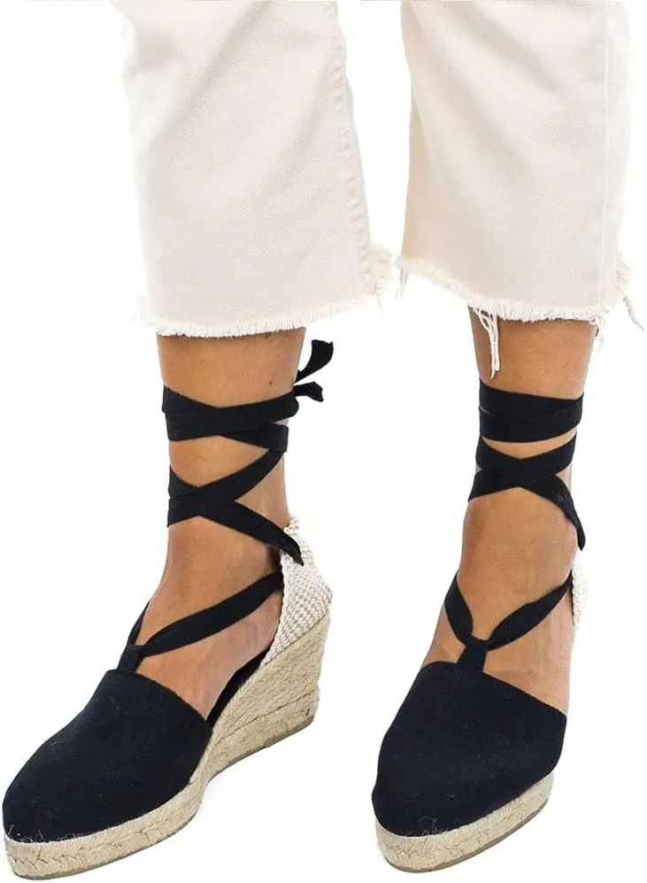 Classic Jute and Canvas Wedge Sandals for Women. Made in Spain. Classic 5 Strings Height. Espadrille with Ankle Lace Up. Padded Fabric Insole. Rubber Outsole.