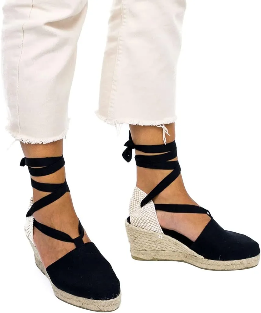 Classic Jute and Canvas Wedge Sandals for Women. Made in Spain. Classic 5 Strings Height. Espadrille with Ankle Lace Up. Padded Fabric Insole. Rubber Outsole.
