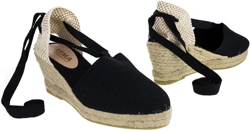 Classic Jute and Canvas Wedge Sandals for Women. Made in Spain. Classic 5 Strings Height. Espadrille with Ankle Lace Up. Padded Fabric Insole. Rubber Outsole.