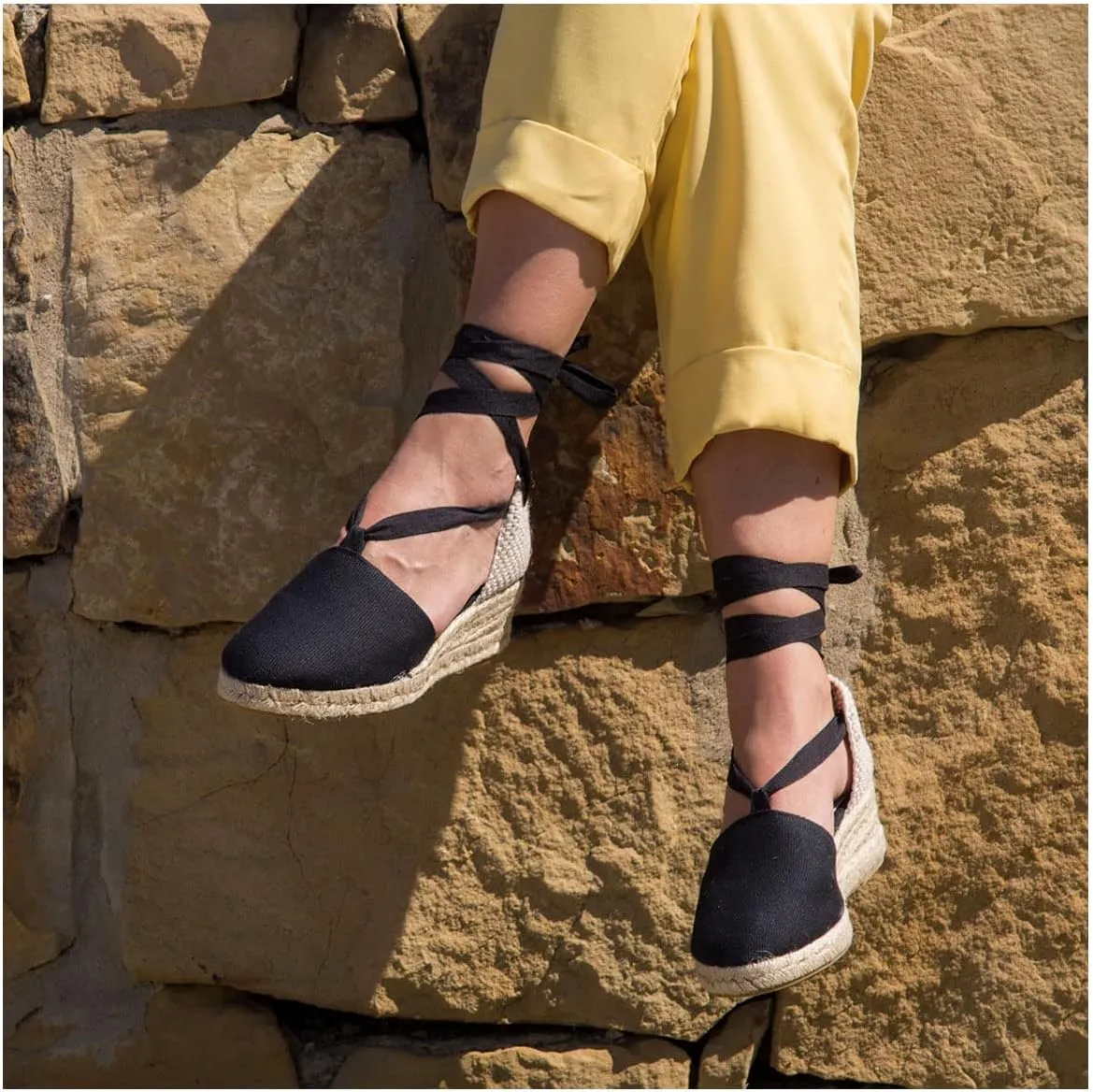 Classic Jute and Canvas Wedge Sandals for Women. Made in Spain. Classic 5 Strings Height. Espadrille with Ankle Lace Up. Padded Fabric Insole. Rubber Outsole.