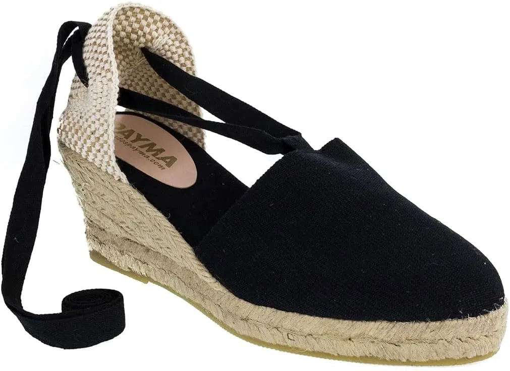 Classic Jute and Canvas Wedge Sandals for Women. Made in Spain. Classic 5 Strings Height. Espadrille with Ankle Lace Up. Padded Fabric Insole. Rubber Outsole.