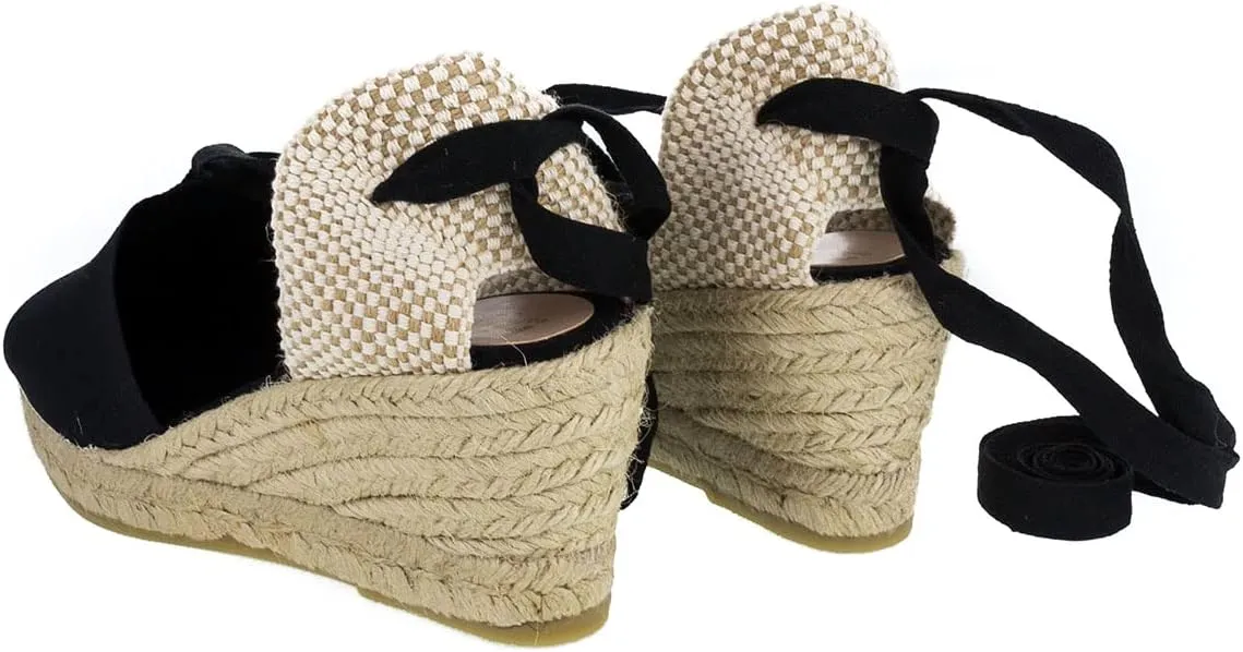 Classic Jute and Canvas Wedge Sandals for Women. Made in Spain. Classic 5 Strings Height. Espadrille with Ankle Lace Up. Padded Fabric Insole. Rubber Outsole.