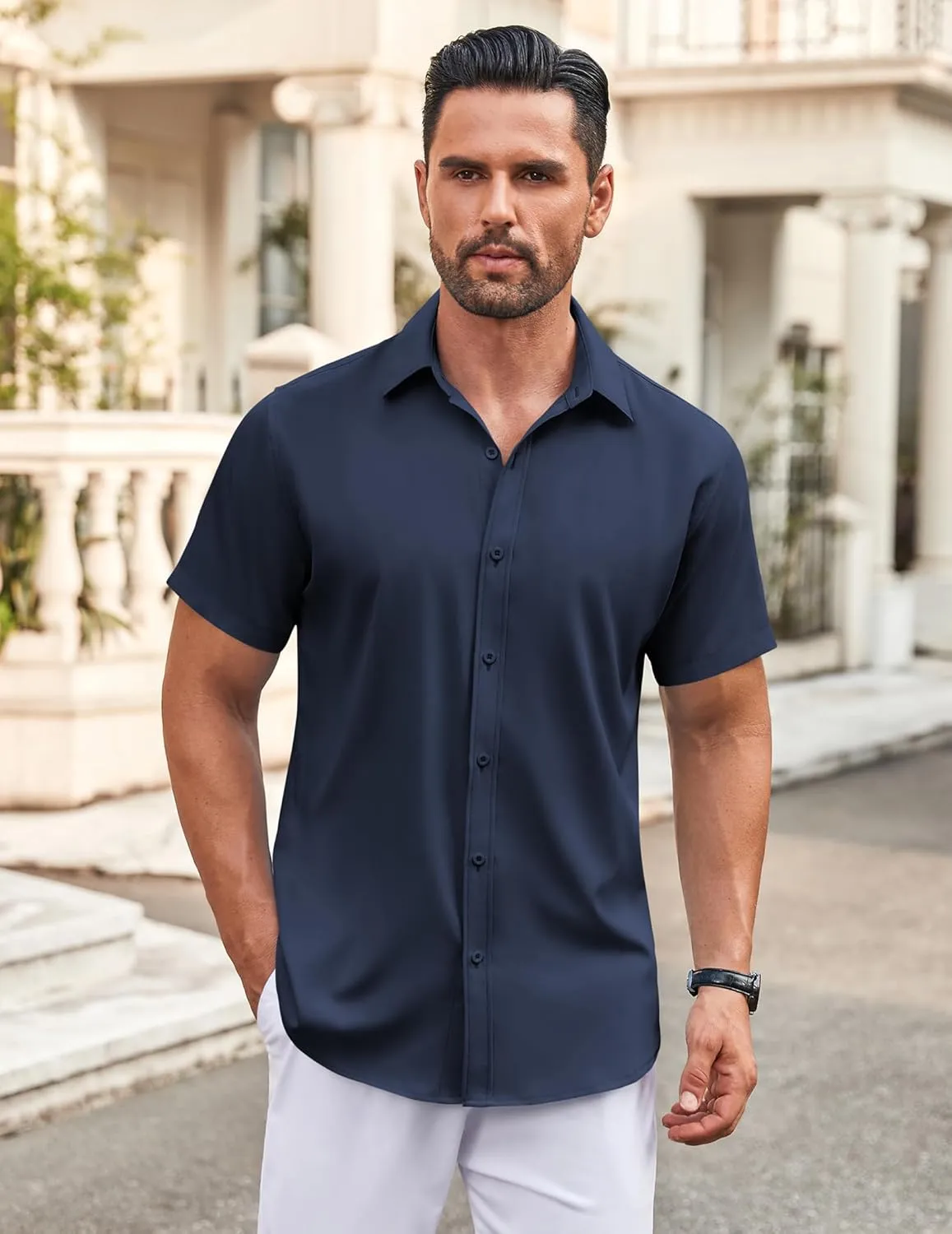 COOFANDY Men's Casual Button Down Shirt Short Sleeve Wrinkle Free Dress Shirt Beach Summer Wedding Shirt