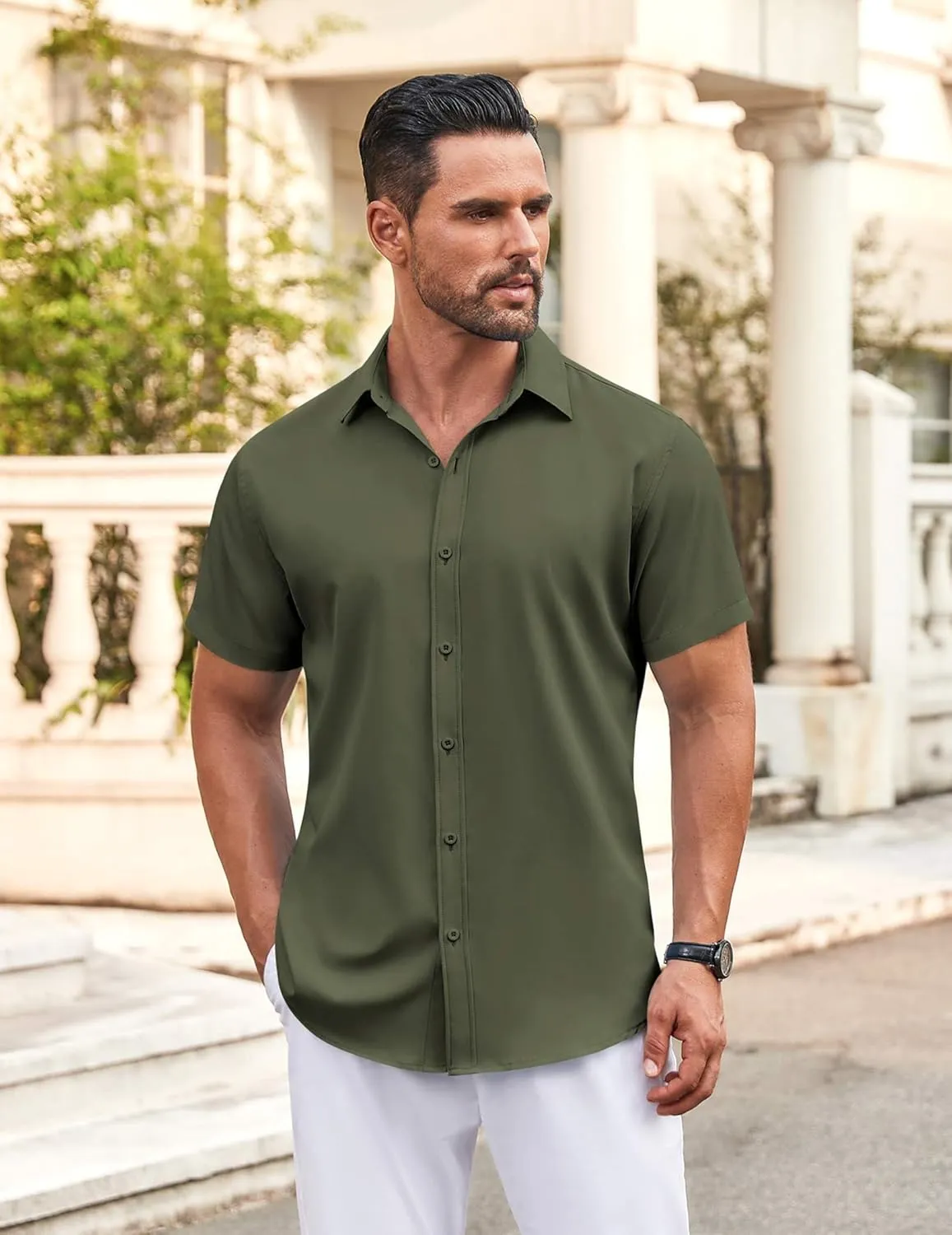 COOFANDY Men's Casual Button Down Shirt Short Sleeve Wrinkle Free Dress Shirt Beach Summer Wedding Shirt