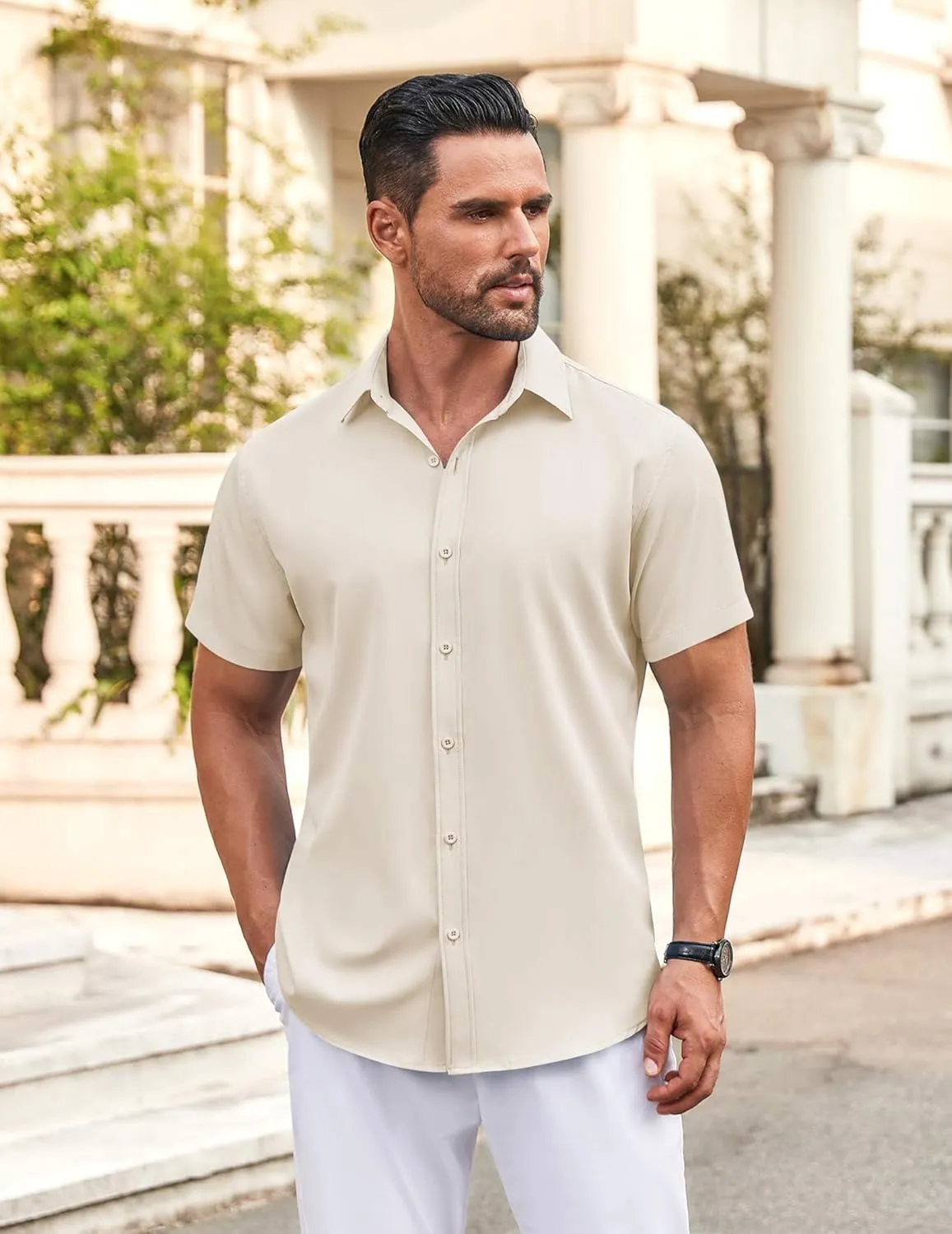COOFANDY Men's Casual Button Down Shirt Short Sleeve Wrinkle Free Dress Shirt Beach Summer Wedding Shirt