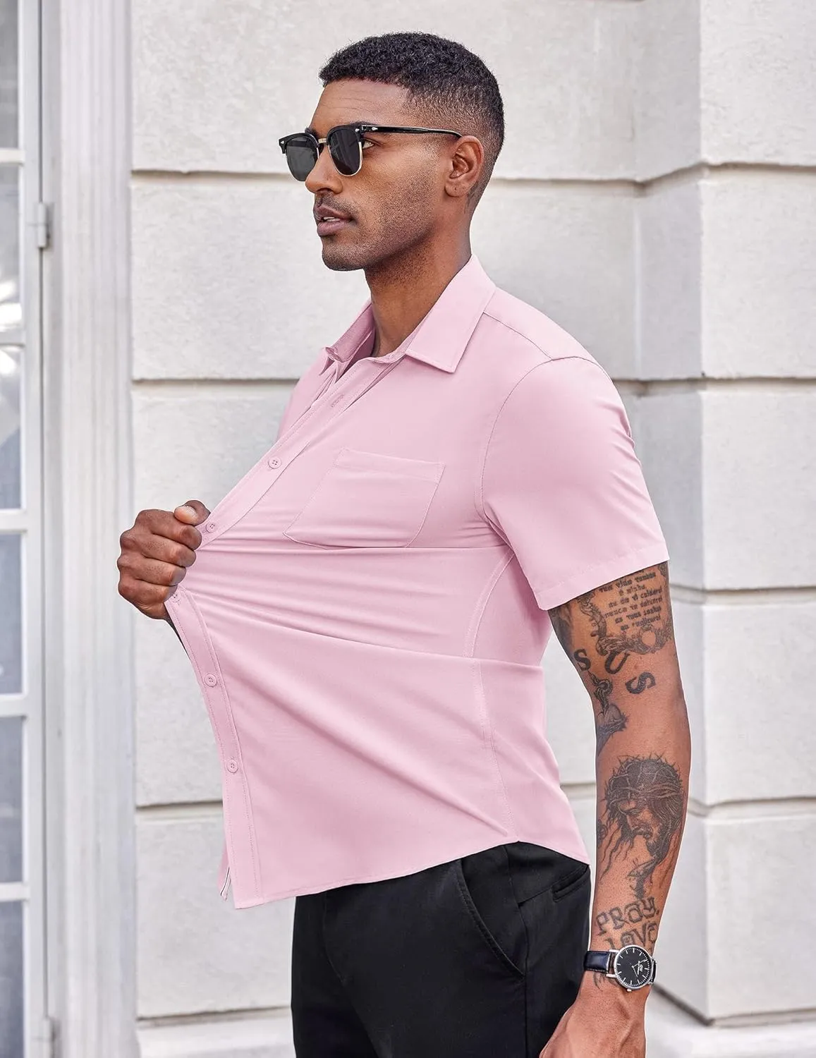 COOFANDY Men's Casual Button Down Shirts Stretch Short Sleeve Business Dress Shirt with Pocket