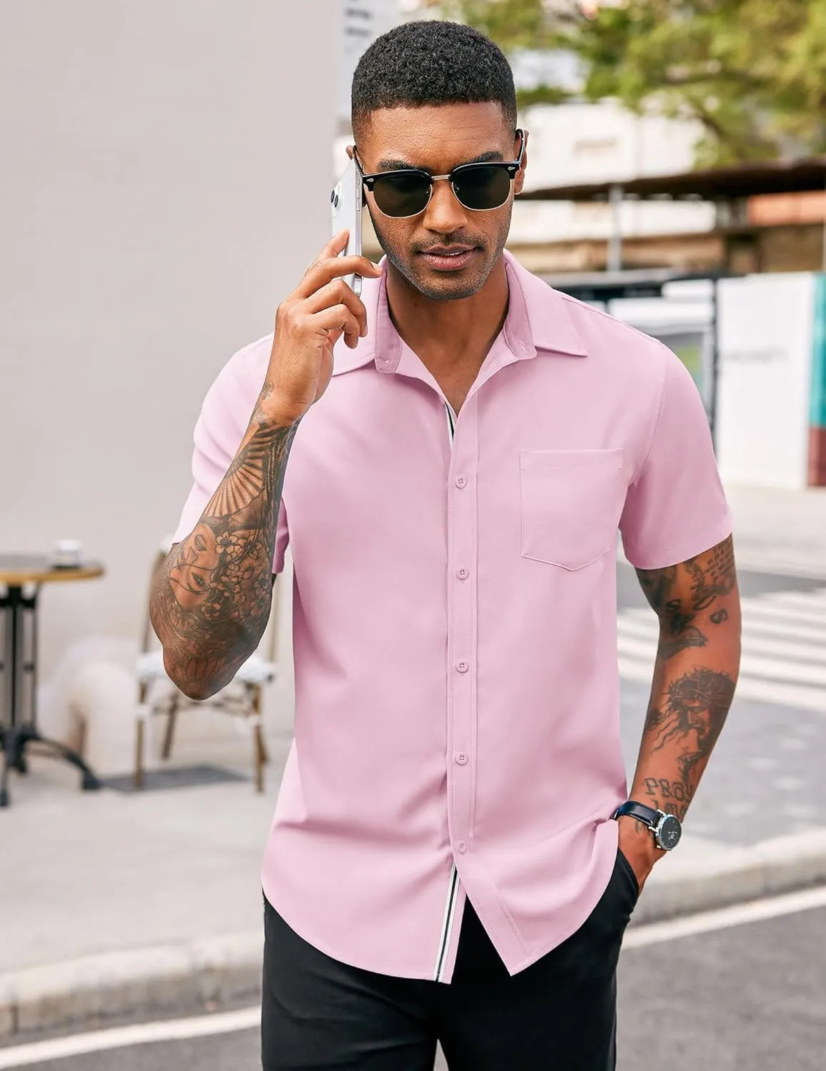 COOFANDY Men's Casual Button Down Shirts Stretch Short Sleeve Business Dress Shirt with Pocket