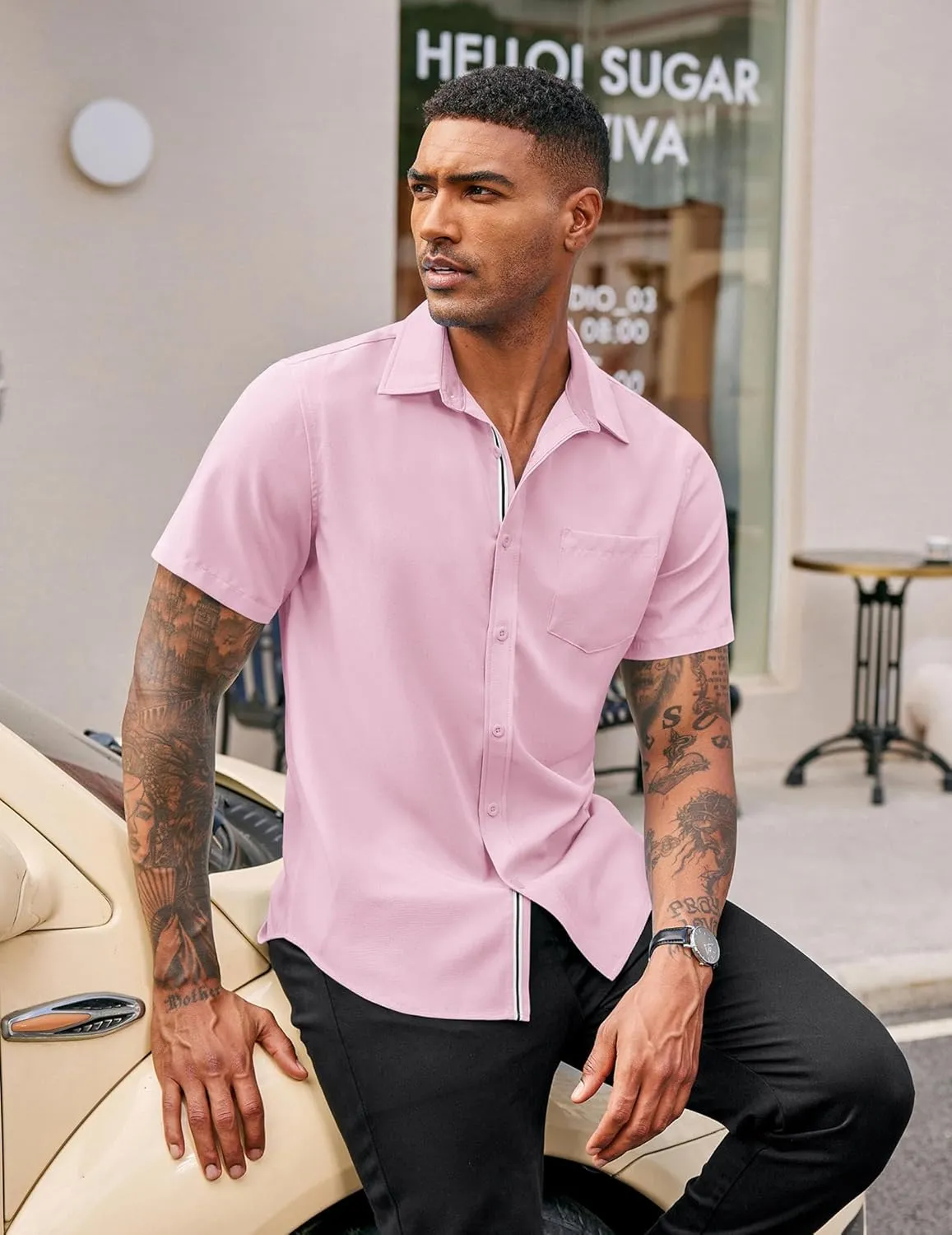 COOFANDY Men's Casual Button Down Shirts Stretch Short Sleeve Business Dress Shirt with Pocket