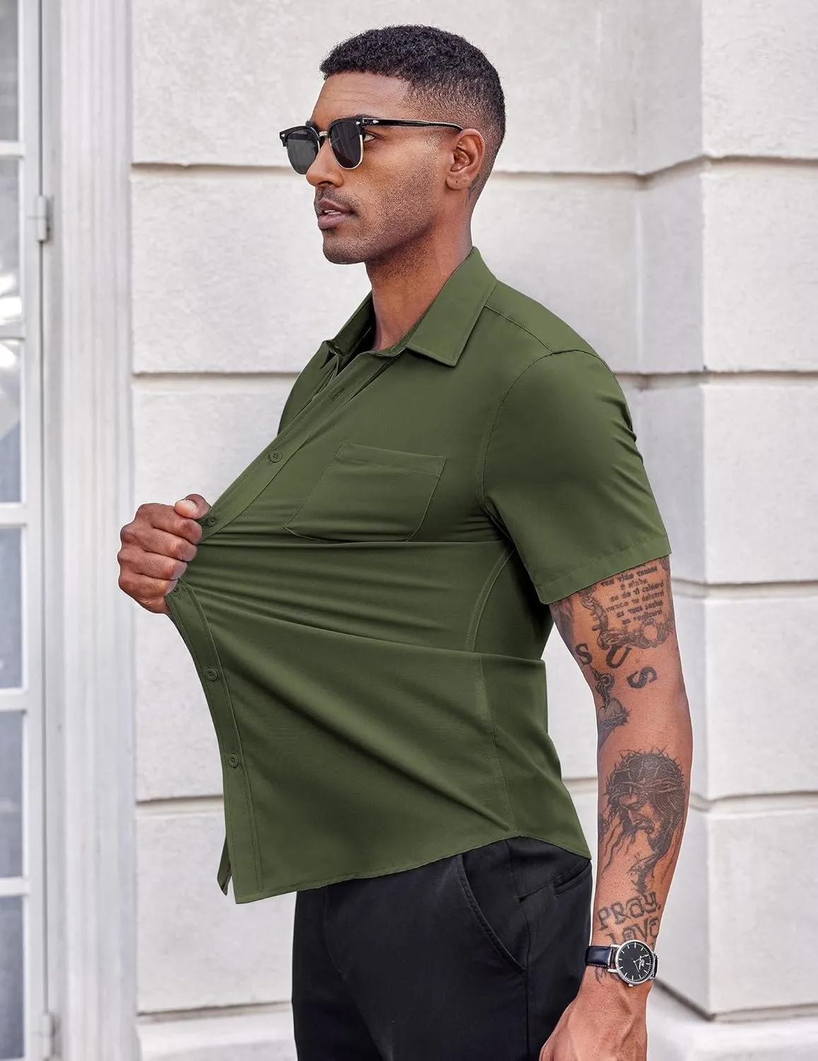 COOFANDY Men's Casual Button Down Shirts Stretch Short Sleeve Business Dress Shirt with Pocket