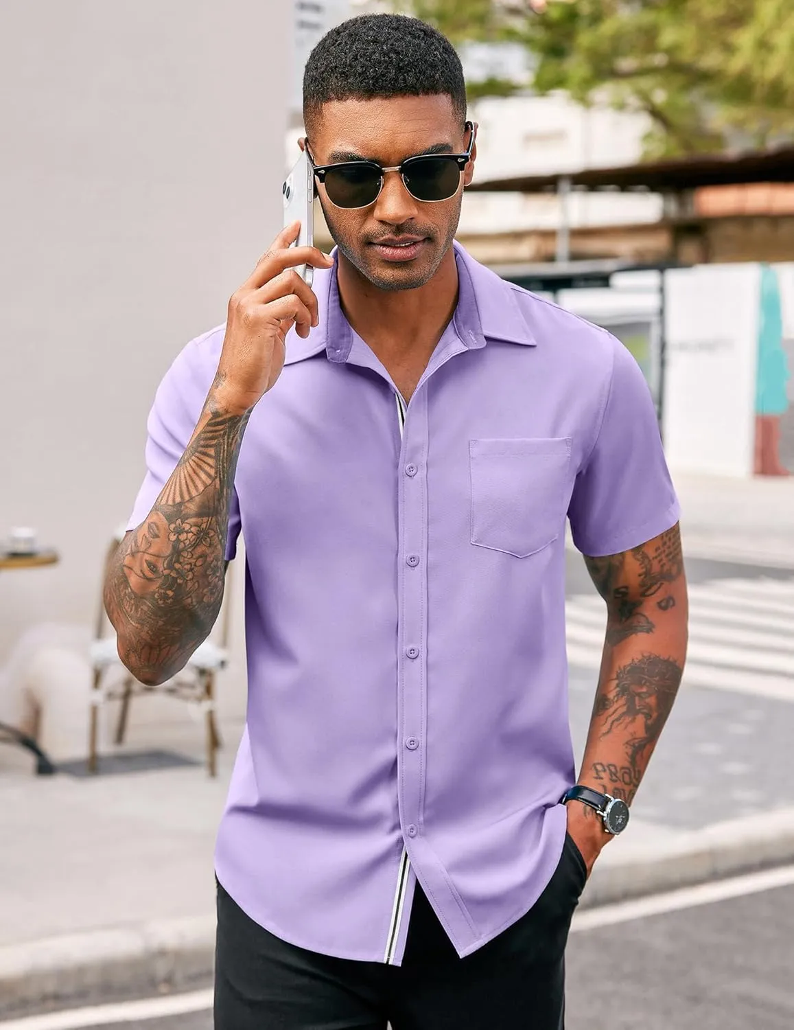 COOFANDY Men's Casual Button Down Shirts Stretch Short Sleeve Business Dress Shirt with Pocket