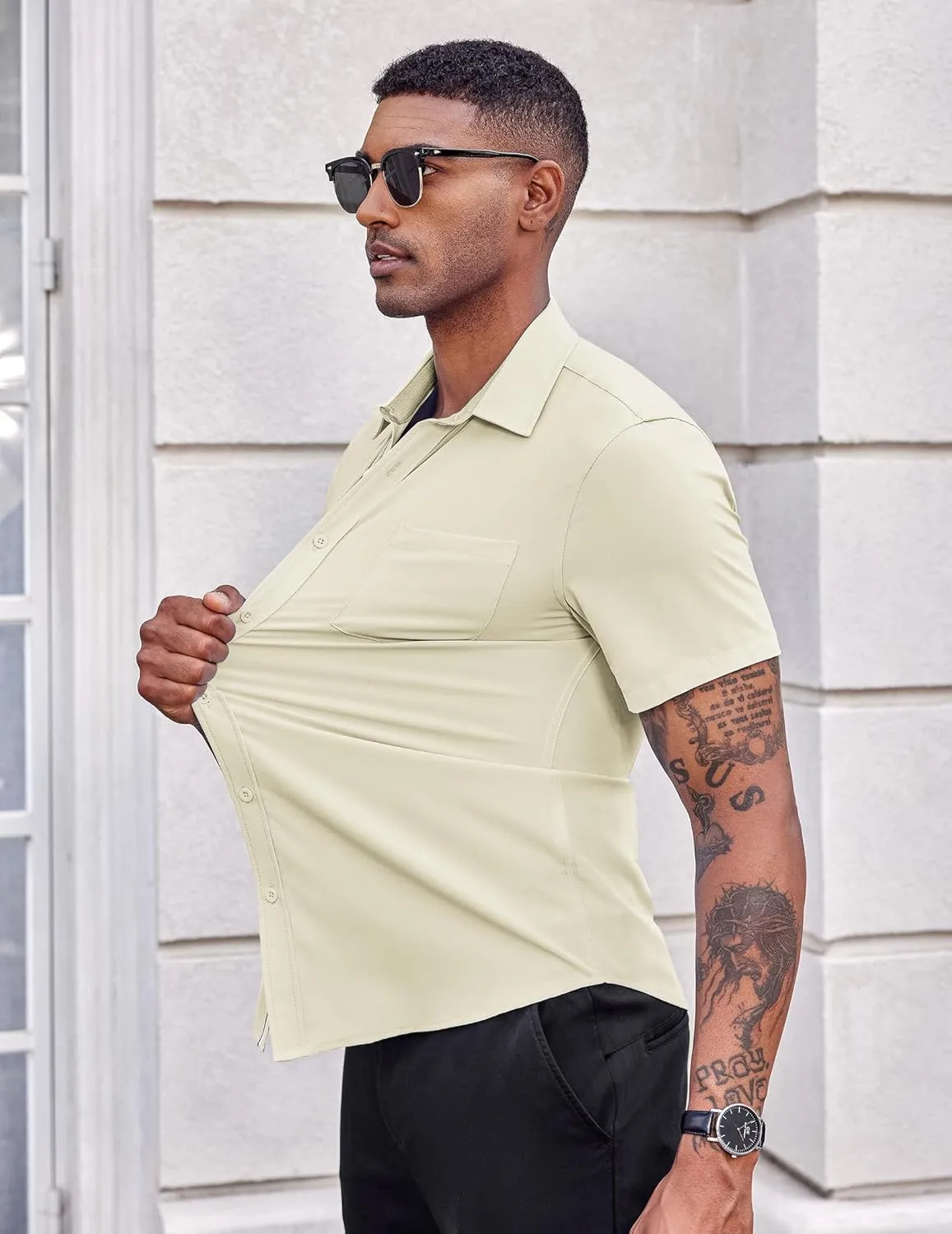 COOFANDY Men's Casual Button Down Shirts Stretch Short Sleeve Business Dress Shirt with Pocket