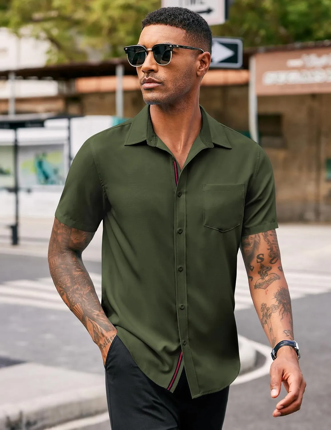 COOFANDY Men's Casual Button Down Shirts Stretch Short Sleeve Business Dress Shirt with Pocket