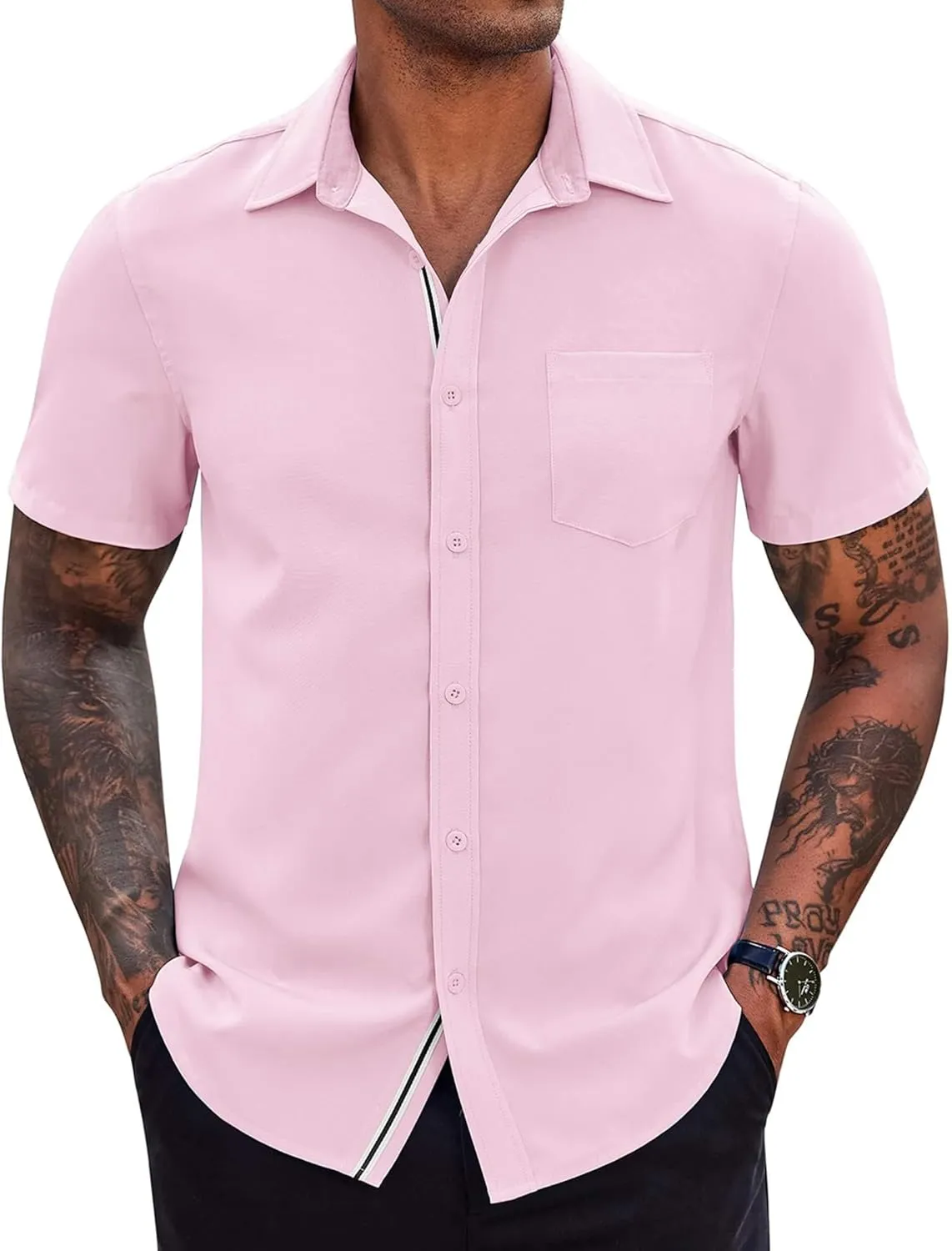 COOFANDY Men's Casual Button Down Shirts Stretch Short Sleeve Business Dress Shirt with Pocket