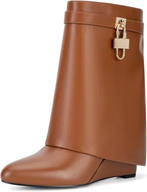 CORNMOOD Women Fold Over Shark Boots Wide Mid-calf Boots Platform Wedge Heel Almond Toe Faux Leather Pull On Short Booties with Padlock